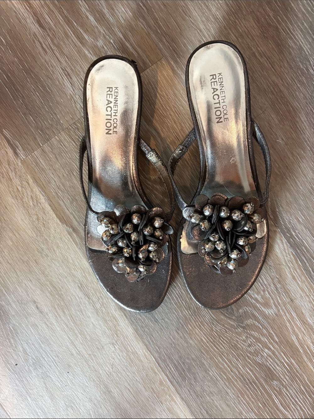 Kenneth Cole Reaction Bronze Beaded Floral Slide Mules